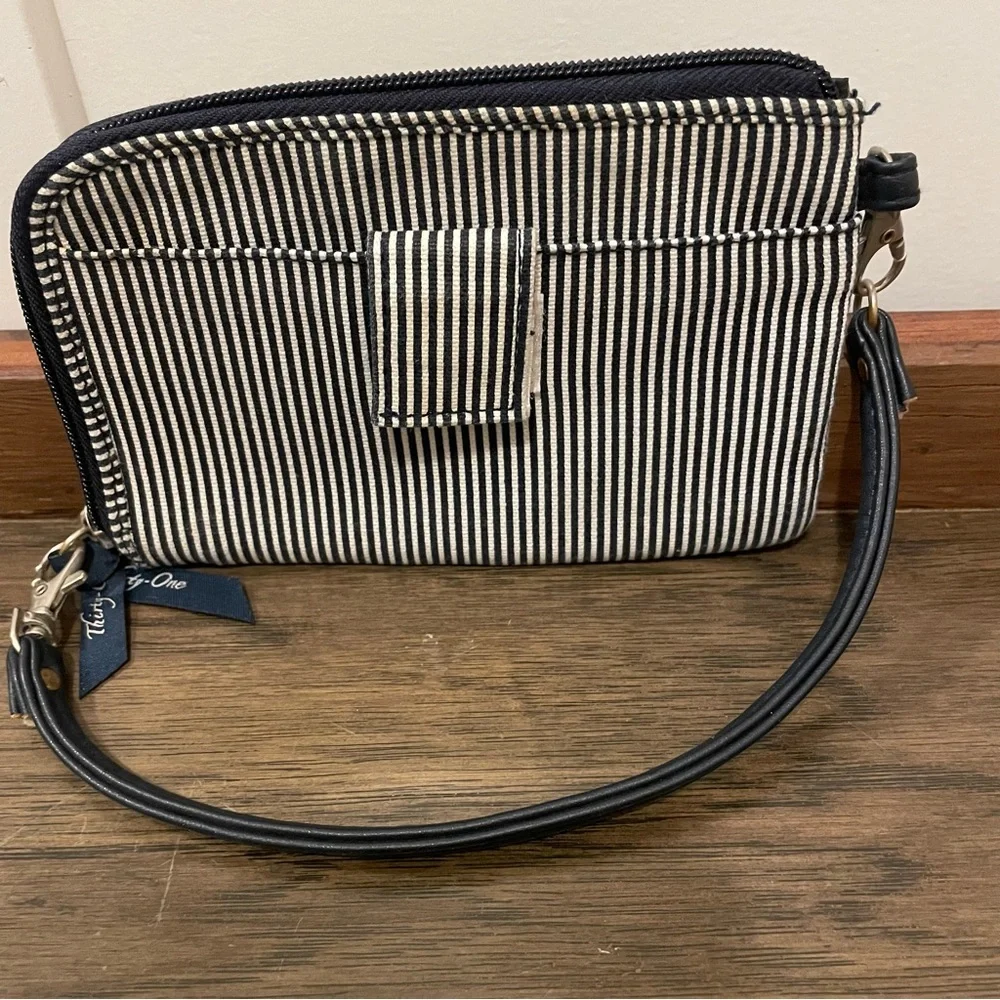 Thirty One Navy Striped Zipper Wristlet w/White Embroidered Flower